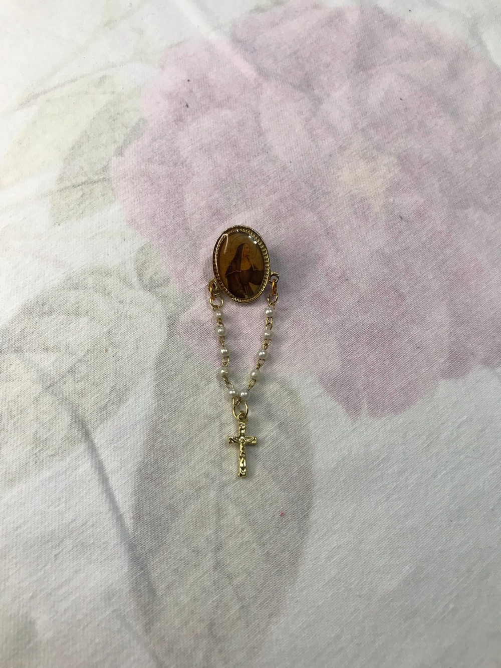 Gold Tone Saint Rita Oval Brooch Pin with Cross Dangling Charm